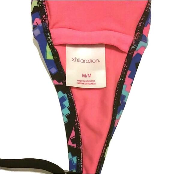 XHILARATION Women's Blue‎ Pink Zig Zag Flounce Bikini Top Aqua Bottom Lined Sz M - Picture 5 of 8